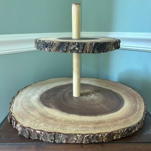 Two Tiered Rustic Natural Wood Dessert Stand